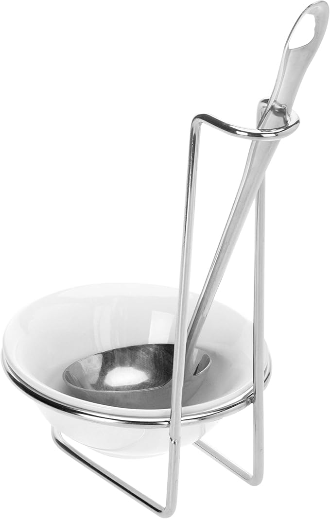 MyGift White Ceramic Ladle Holder Spoon Rest, Upright Single Cooking Utensil Holder, Vertical Drip Catcher Dish with Stainless Steel Stand for Kitchen Counter