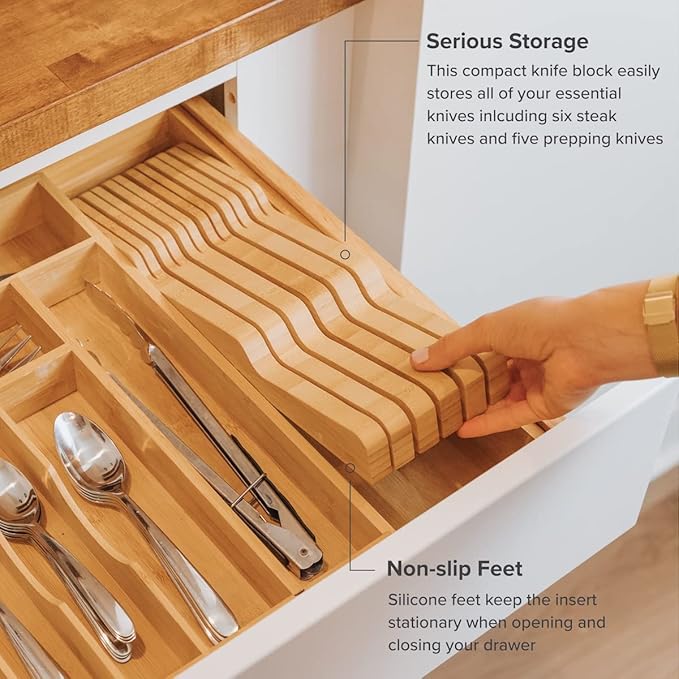 KitchenEdge Bamboo Kitchen Knife Block Holder Organizer - Holds 5 Long + 6 Short Knives (Not Included), Fits Most Knife Sizes, Rubber Feet, Sustainable Bamboo, In-Drawer Design (Pack of 2)