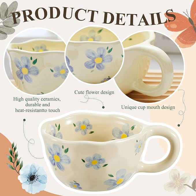 Vesici 4 Set Ceramic Coffee Mug Set with Saucer and Spoon Cute Mothers Day Gifts for Mom 8.5 oz Vintage Floral Tea Cup Aesthetic Mug Gift for Women, Dishwasher and Microwave Safe (Mixed Styles)