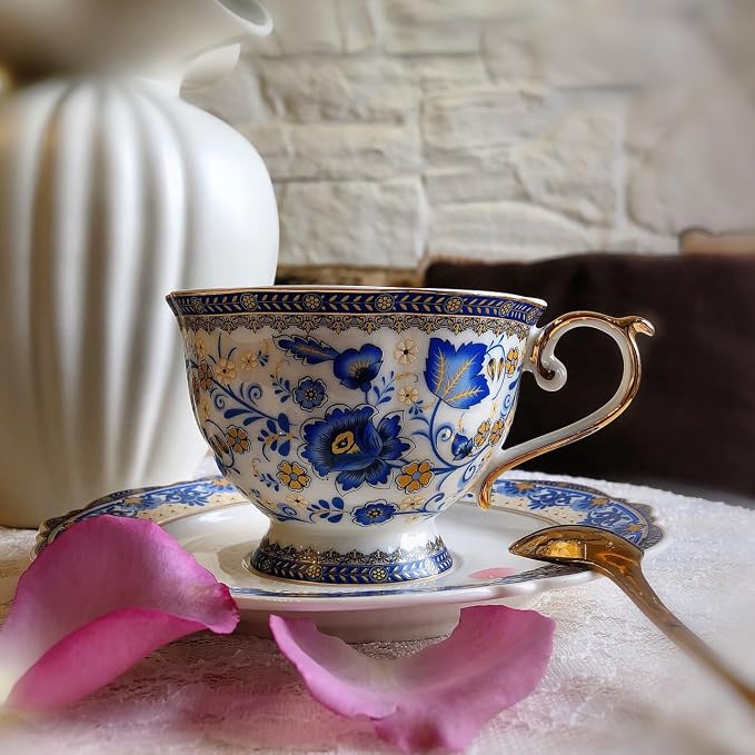 ONEUSTAR Tea Cup and Saucer Set for 1 Bone China Floral Coffee Cup with Gold Trim 6.8 oz Vintage English Teacup for Women Mother's Day Gift, Blue