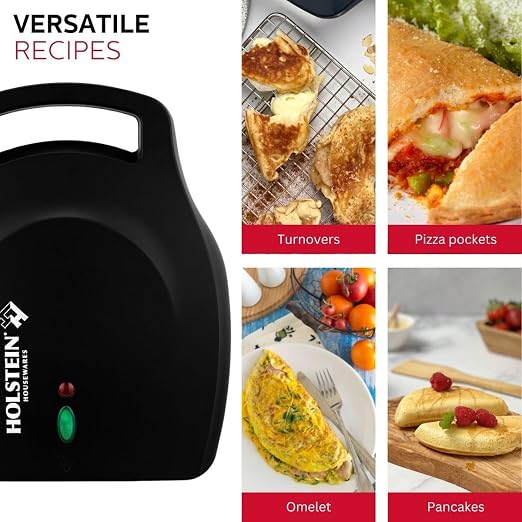Holstein Housewares Stainless Steel 4 Section Omelet Maker, Non Stick Coating, Mess Free Cooking, Easy Cleaning, Indicator Lights, Upright Storage & Anti Slip Feet For Quick Meals. 4 Portions, Black