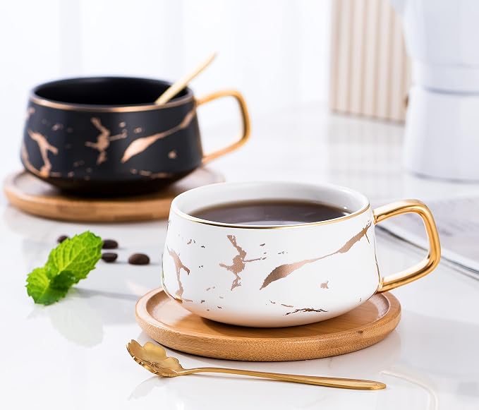 Jusalpha 2 Pack Golden Hand Print Black and White Teacup Coffee Cup with Bamboo Saucer and Spoon Set FDTCS19 (2, Black/White)
