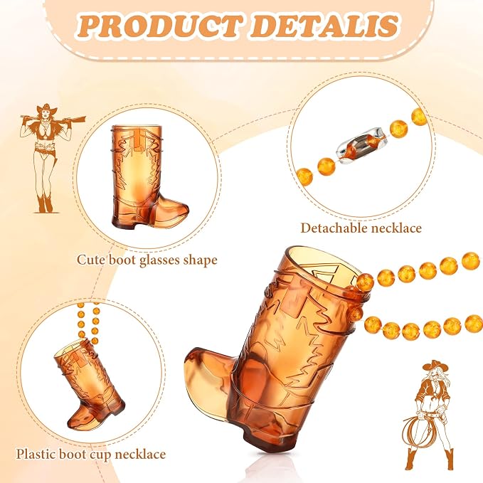 Sieral 24 Pcs Cowboy Boot Shot Glasses on Beaded Necklace Plastic Reusable Cowgirl Shot Boot Glasses Necklace Party Cups for Cowboy Cowgirl Bachelorette Carnival Western Birthday (Transparent Brown)