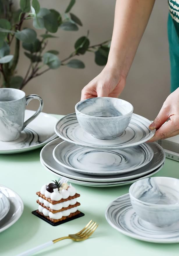 16 Piece Marble Dishes Dinnerware Sets, Marble Porcelain Dinnerware Set, Grey (4×Dinner Plates, 4×Dessert Plates, 4×Bowls, 4×Mugs, 16 Pack)
