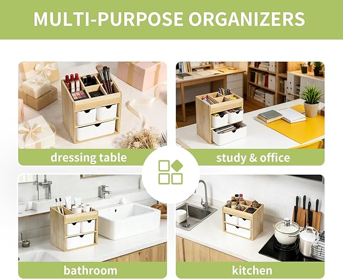 Bamboo Vanity Organizers with 3 Drawer, Mini Desk Organizer for Home, 3-tier Study/Office Organizer Rack, Adjustable 5 Compartment Makeup Display Case, Dresser Storage for Lipstick, Jewelry, Nail Care