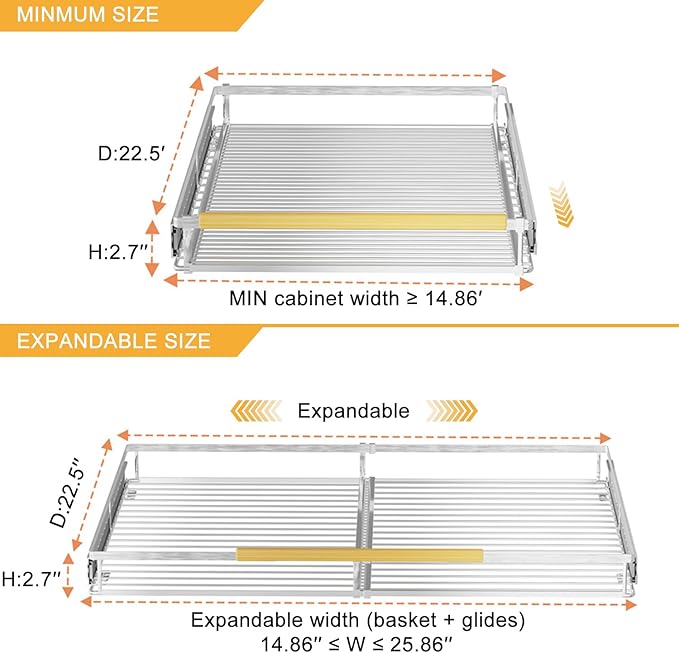SANNO Pull Out Cabinet Organizer,Expandable Slide Out Shelf, Bottom-Mounted Sliding Shelf Under Sink Shelf, Expandable Shelves with Sliding for Kitchen Cabinets Under Sink,3