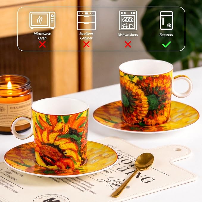 KAMMAK Tea Cups and Saucers Set of 2, Porcelain Coffee Cups, Stackable Espresso Mugs, Ceramic Demitasse for Coffee, Cappuccino, Latte, Americano, Tea, Small - Sunflower Oil Painting