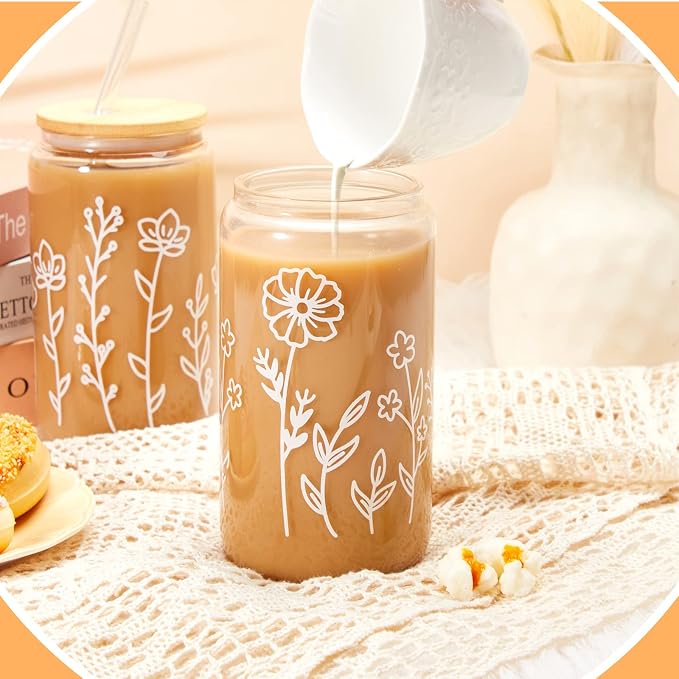 Mumufy 8 Pack Glass Cups Gift Aesthetic Cute Glass Cup Tumbler Flower Iced Coffee Mugs 16 oz with Bamboo Lid & Straw, for Wedding Birthday Bridesmaid Mom Baby Shower