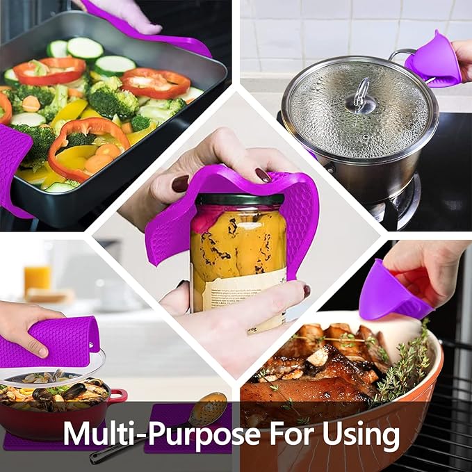 Extra Long Silicone Oven Mitts and Pot Holders Sets, Purple and Blue