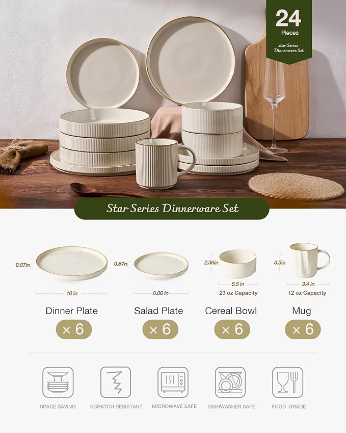 Famiware Star 24-Piece Stoneware Dinnerware Sets with Trim, Service for 6 - Ceramic Mugs, Plates, Bowls, Dishes for Everyday/Party/Formal Use, Chip/Scratch Resistant, Microwave/Dishwasher Safe, White