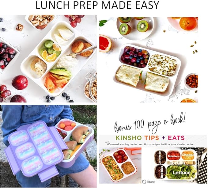 kinsho Bento-Box Lunch Box Kids Girls, Food And Snack Containers for Toddler Daycare, School Travel, Loncheras Para Ninas, Utensils Included (Purple Unicorn + Pink Flowers, 2 Pack)