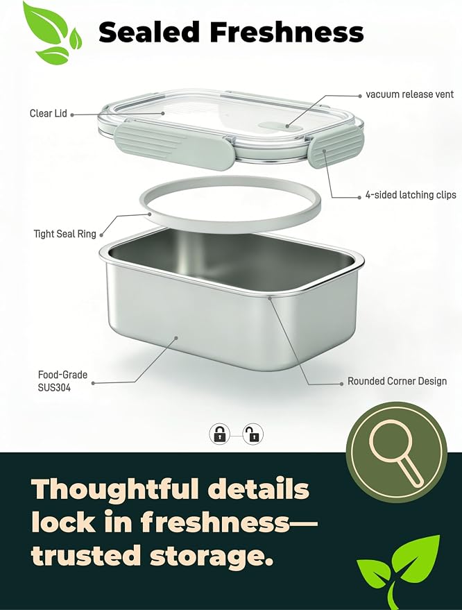 Stainless Steel Food Storage Containers with Leak-Proof Latching Lid, Reusable Bento Lunch Box for Snacks & Meal Prep, Oven/Dishwasher/Freezer Safe, Silver, 22oz