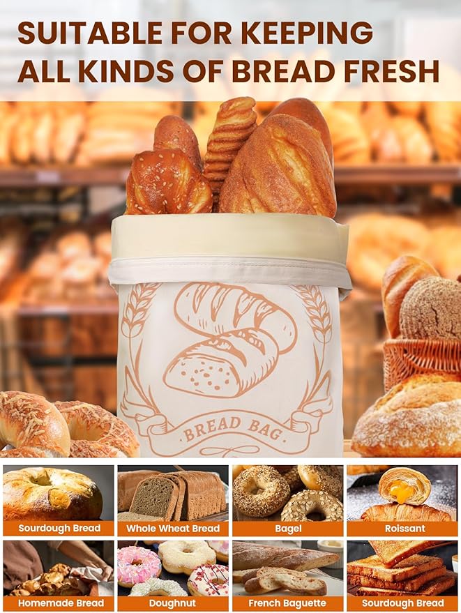 2 Pack Beeswax Bread Bags with Zipper, XL(13x17in) Sourdough Bread Storage for Homemade, Freezer Storage Bag to Keep Fresh, Cotton Beeswax Container, Baguette Bag with Liner Kitchen Baking (Off-White)