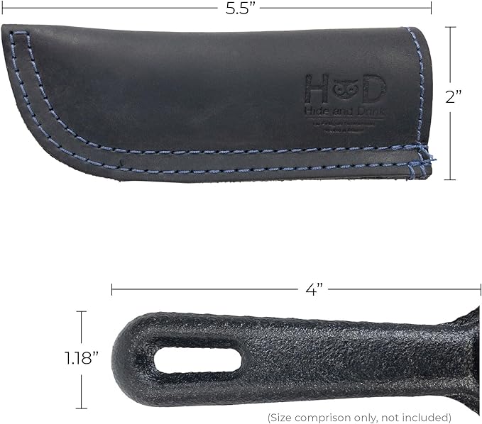 Hide & Drink, Full Grain Leather Hot Handle, Cast Iron Protector, Panhandle Potholder, Double Layered, Double Stitched, Slides On/Off Easily onto Metal Skillet Grips, Handmade, Slate Blue