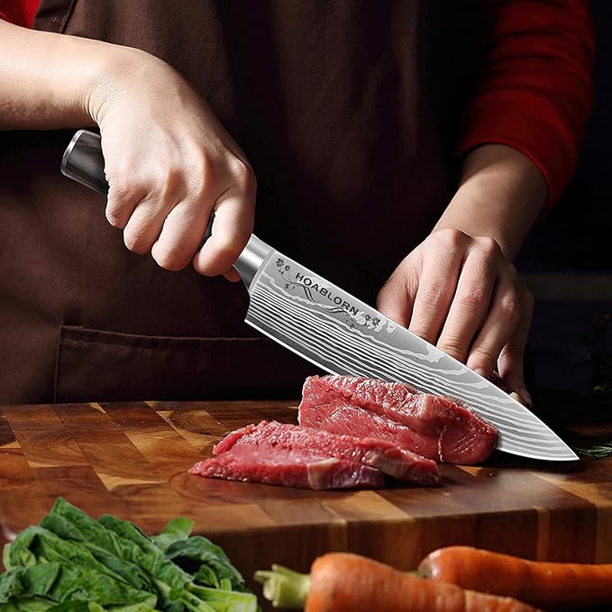 Kitchen Knives Set with Block HOABLORN Luxury 19pcs Magnetic Block Knife Sets :Acacia Knife Holder with Strong Magnet Heart,Damascus Kitchen Knives German Stainless Steel The One for Your Chefs