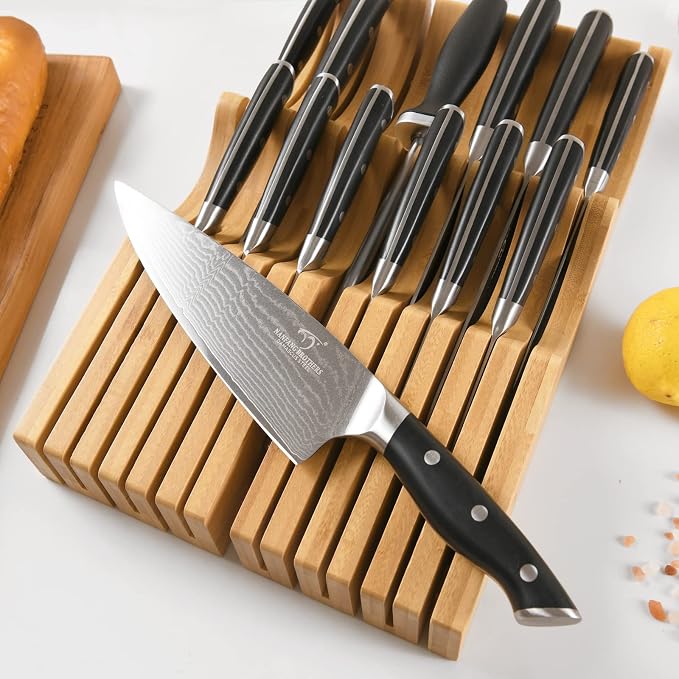 In-Drawer Knife Block with 14 Pieces Japanese Damascus Knives and Sharpener, Bamboo Knife Drawer Organizer with 67-Layer Damascus Steel, Slots for 13 Knives Kitchen Drawer, Counter Top