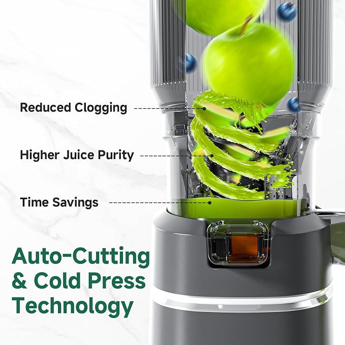 AMZCHEF Cold Press Juicer – 6.5" Wide Mouth Hopper for Whole Recipe Loading, Self Feeding for Hands-Free Operation, Zero Waste Masticating Juicer For More Juice, Less Pulp – Triple Strainers