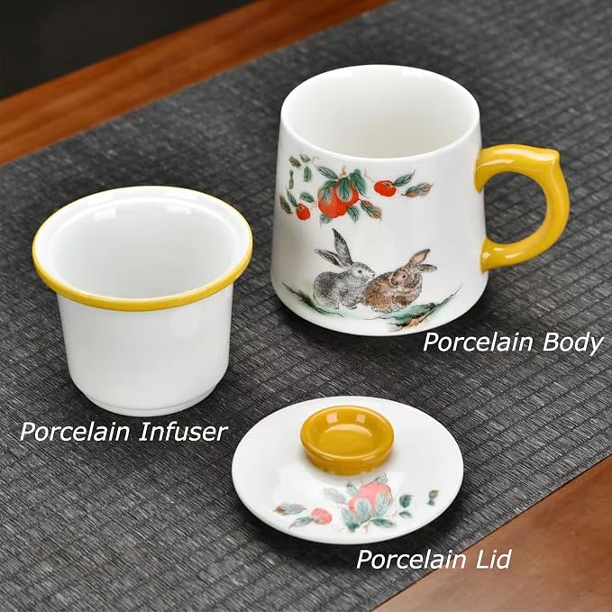 1set Ceramic Tea Cup 3 in 1 Porcelain Tea Mug with Infuser/Lid/Handle Large Bone Mug 0.11gal/415ml Rabbit Pattern Tea Cup Gift Sets for Women Personal Coffee Mugs Office/Home-TC350
