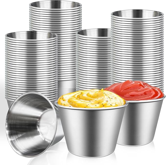 100 Pcs 2.5oz Metal Ramekins Stainless Steel Condiment Cups Reusable Dipping Sauce Cups Bulk Small Sauce Container Stackable Round Dipping Bowls for Dish Butter Kitchen Restaurant Commercial Serving Party Dinner Cooking