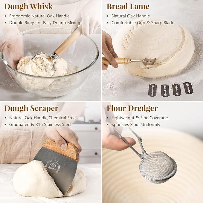BAVIFY Sourdough Starter Kit, Banneton Bread Proofing Baskets Set | Complete Sourdough Bread Baking Supplies, Beginner Friendly, 9 in Round and 10 in Oval Rattan Banneton & 24 oz Starter Jar