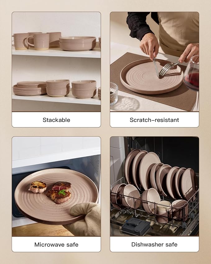 12-Piece Stoneware Dinnerware Sets, Service for 4 - Speckled Glaze with Spiral Design – Farmhouse Coupe Plates and Bowls - Chip & Scratch Resistant, Microwave & Dishwasher Safe, Brown