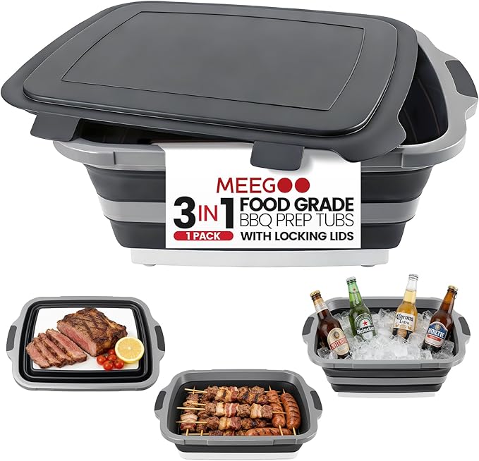 BBQ Prep Tub 3-IN-1 Large 30L Collapsible Cutting Board with Locking Lid for Meal Prep Marinating Food, Camping Sink with Colander, Dish Basin, Storage Blanket for Camping Picnic BBQ, Black