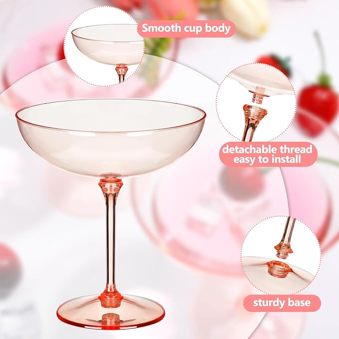 LemonRoad 24 Pcs Plastic Coupe Glasses 9 oz Disposable Martini Glasses for Cocktails, Champagne, Desserts and Espresso, Drinkware Set for Weddings, Birthday Parties, Home Bars (Champagne Powder)