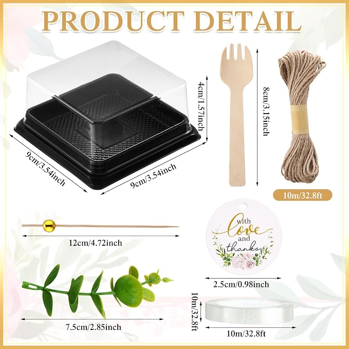 Honeydak Clear Cake Containers Mooncake Boxes with Lids, Wedding Dessert Cupcake Box with Forks, Thank You Tags Eucalyptus Leaves, Mini Cake Packaging for Wedding Favors Birthday Party(Black,100 Sets)
