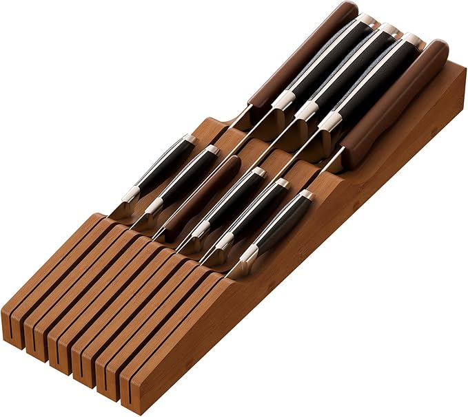 Knife Drawer Organizer, Bamboo Wood Knife Organizer Drawer Insert, Brown Knife Block Fit for 11 Knives