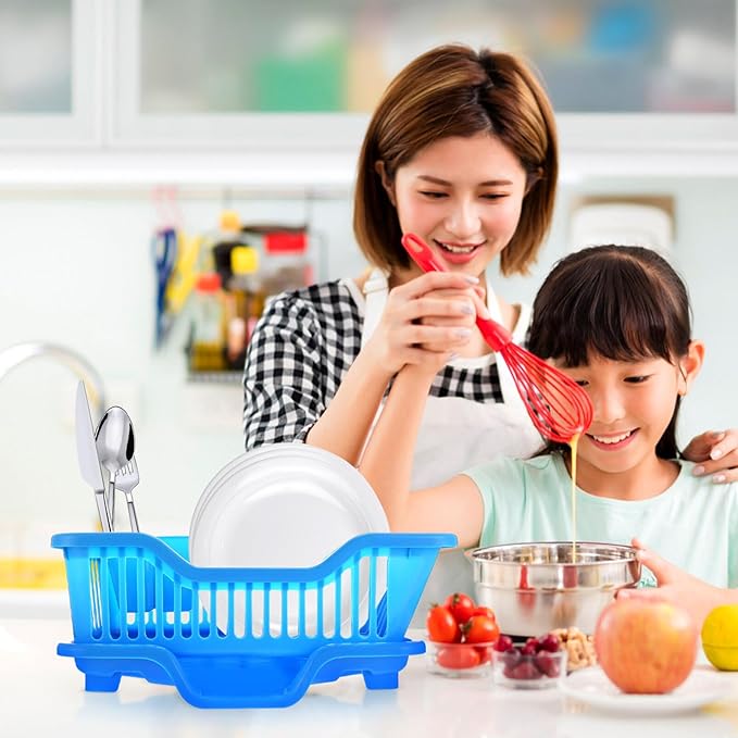 IMIKEYA Sink Dish Rack Drainer Plastic Dish Drying Draining Rack Over The Sink Kitchen Tableware Drying Basket with Cutlery Holder for Kitchen Counter Blue