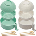 2 Sets Microwave Ramen Bowl 40 oz Wheat Fiber Portable Instant Noodle Cooker Bowl with Handles Strainer Spoon Chopstick Fork College Dorm Room Apartment Essentials(Beige, Light Green)