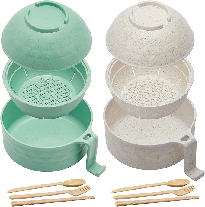 2 Sets Microwave Ramen Bowl 40 oz Wheat Fiber Portable Instant Noodle Cooker Bowl with Handles Strainer Spoon Chopstick Fork College Dorm Room Apartment Essentials(Beige, Light Green)
