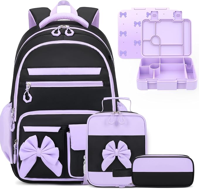 DIGOBAY Girls Backpack - Kids Bento Box Set with Insulated Lunch Bag, Cutlery and Pencil Case, 6 Leak-Proof Compartments, Removable Tray for Girls Teens School Picnic