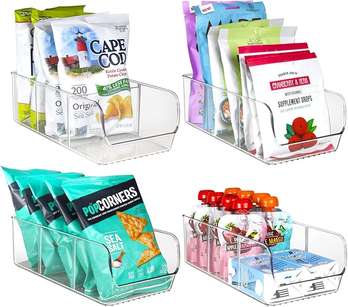 ELTOW 4-Pack Snack Organizer, 3-Compartment Plastic Bins with Removable Dividers, Chip & Food Storage for Pantry, Spices, Fridge, and Cabinet