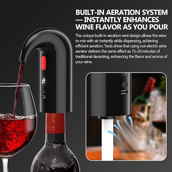 Electric Wine Aerator & Decanter Pump – Perfect Mother’s Day Gift: Quiet Dual-Pump Aeration, Measured Pouring, Temp Display & USB Rechargeable System – Professional Wine Tool for Home Bars (Black)
