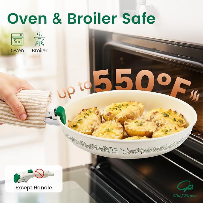 Chef Power Ceramic Cookware Set Non Toxic with Detachable Handles, Healthy Nonstick Decal Pans and Pots Set 14 Pcs, Induction Dishwasher Oven Safe Kitchen Set, Cream White with Olive Branch
