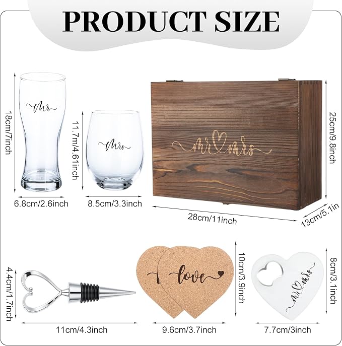 Remerry 7 Pcs Wedding Gifts for Couples 2026 Mr and Mrs Wine Glasses Set with Wooden Keepsake Box Heart Wine Stopper Opener Coasters for Wedding Bridal Shower Engagement Anniversary Bachelorette