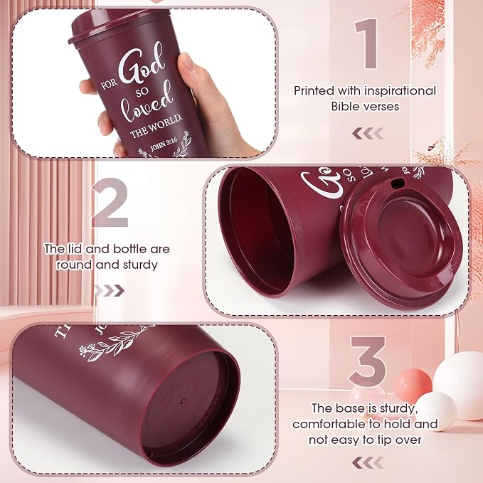 Skylety 40 Pack Bulk Christian Gifts for Men Women 16oz Reusable Bible Verse Tumbler Plastic Coffee Cup with Lid Inspirational Religious Church Gift for Teacher Graduation Party Favor (Burgundy)