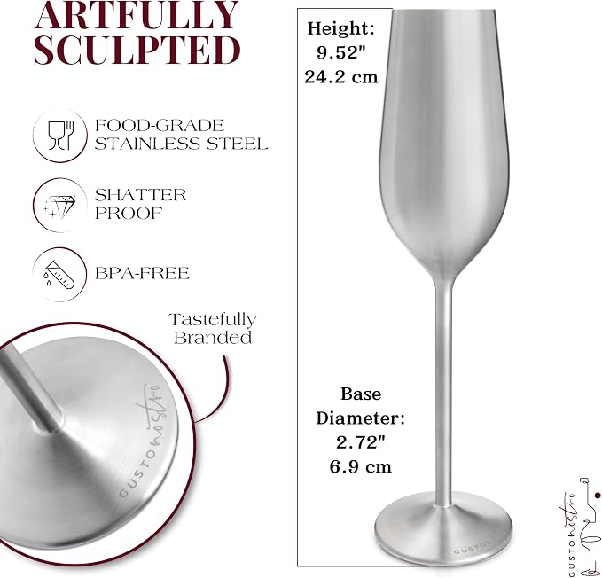 Gusto Nostro Stainless Steel Champagne Flutes Set of 4 (Silver) Unique, Unbreakable, Colorful Metal Champagne Glasses - Modern Toasting Flutes - Luxury Wedding Gifts for Couple - Wedding Registry Idea