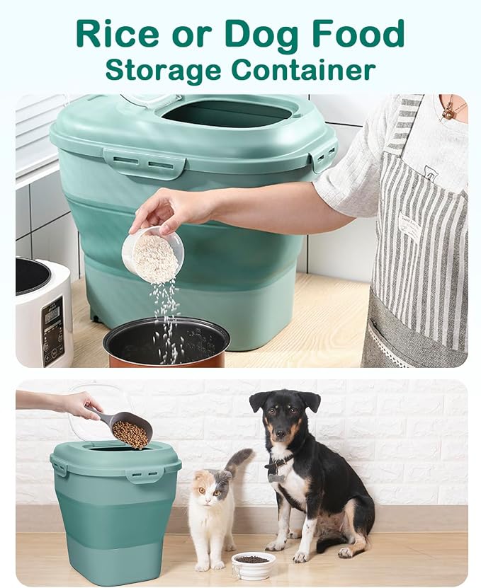 20-50 Lbs Food Storage Containers,Collapsible Rice Container with Wheel Airtight Locking Lid,Flour Storage Container with Small Food Jar and Scoop,Suitable for Food,Rice,Pet Food,Flour