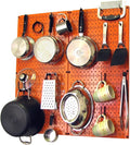 Wall Control Kitchen Pegboard Organizer Pots and Pans Storage Rack Organization Kit with Orange Pegboard and Black Accessories