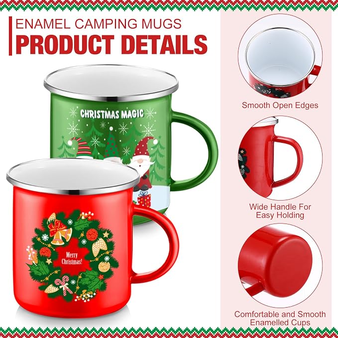 Sliner 16 Pcs Christmas Enamel Mugs, 12 oz Coffee Mugs Bulk Hot Chocolate Mug Set Cute Enamel Tea Cups Winter Holiday Christmas Employee Gift for Family Coworkers (Fashion Style)