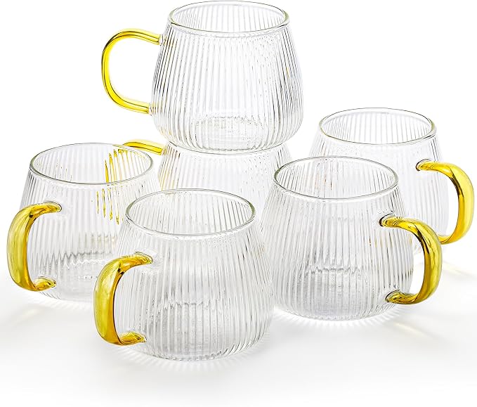 AVLA 6 Pack Glass Coffee Mugs, 16 OZ Unique Vertical Stripes Coffee Cup, Clear Large Tea Glasses with Handle, Vintage Transparent Glassware for Hot/Cold Beverages, Cappuccino, Latte, Espresso, Juice