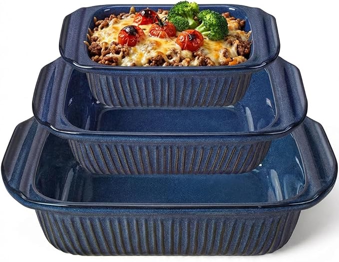 Artena Casserole Dishes For Oven, Ceramic Baking Dish, Large Lasagna Pan With Handles, Baking Pan Casserole Dish, Rectangular Bakeware Deep, Set Of 3 (5.1Qt/2.3Qt/1.1Qt) (Blue)