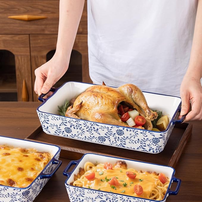 Ceramic Bakeware Set - Casserole Dish Baking Dishes for Oven - Rectangular Lasagna Pans with Handles for Kitchen Cooking - Microwave & Dishwasher Safe - Set of 3 (15.1''/13.6''/9.9'') - Blue