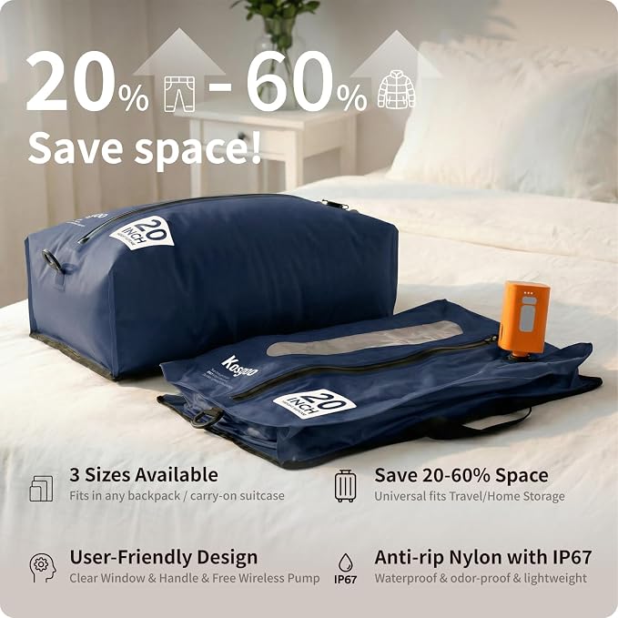 Vacuum Seal Bags for Travel with Pump, Navy, 20+24 | Reusable Nylon, Compression Packing Cubes, Odor & Waterproof, Space Saving for Suitcase & Backpack, 2 Pcs