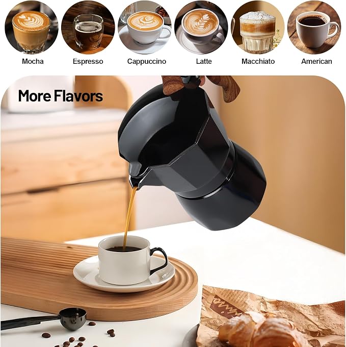 3 Cup Aluminum Moka Pot Classic Stovetop Espresso Coffee Maker 150ml 5oz Coffeemaker Percolator Mocha Pot Greca Coffee Maker Cafe Makers for Italian and Cuban Café Brewing Black