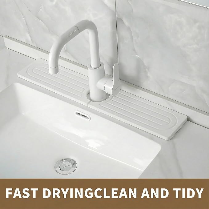 Faucet Mat for Kitchen Sink -Diatomite Stone Drying Mat for Kitchen Counter & Bathroom Sink,Quick-Dry Kitchen Sink Mat-Sink Protector & Splash Guard,Super Absorbent (White, 15.8"x4")