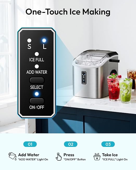 EUHOMY Ice Maker Countertop, 9 Cubes Ready in 6 Mins, 26lbs/24H, Self-Cleaning, Portable Ice Maker Machine with Carry Handle, Basket and Scoop, 2 Sizes of Bullet Ice for Home, Kitchen, Office