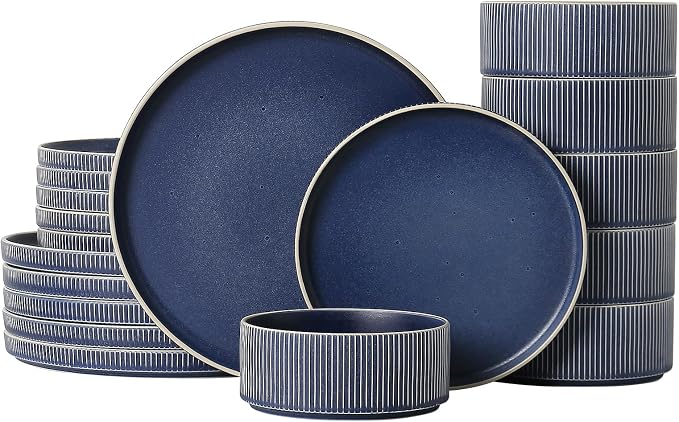 Dinnerware Set Service for 6, 18-Piece Ceramic Plates and Bowls Set, Chip & Scratch Resistant, Microwave and Dishwasher Safe, Modern Minimalist Tableware for Everyday Use, Matte Blue